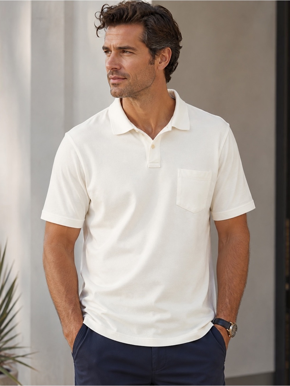 Lands’ End Men’s XL 46-48 White Pocket Polo Shirt 100% Cotton Short Sleeve